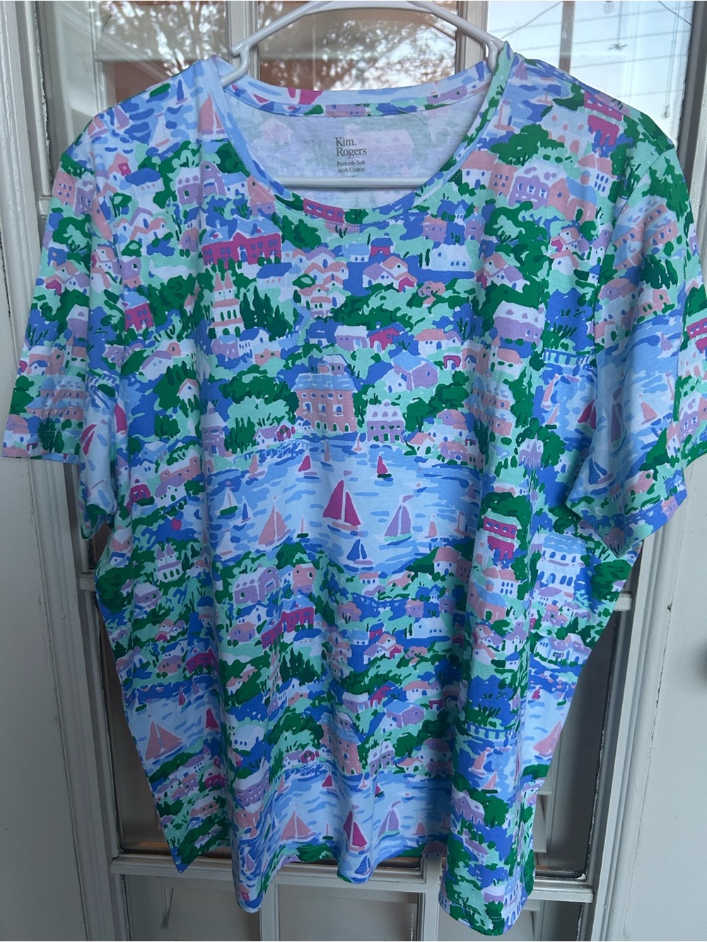 Kim Rogers Coastal Village Tee in Blue, Green & Pink